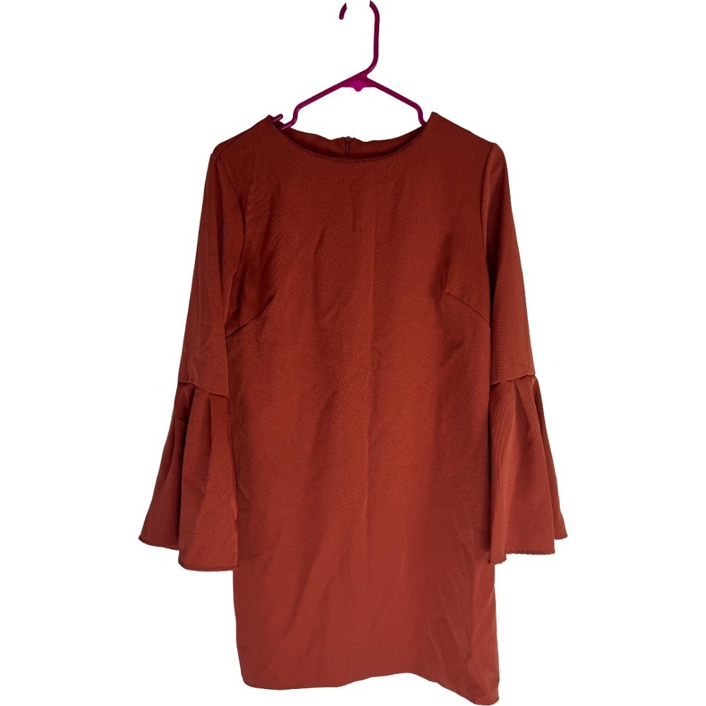 2 Hearts Bell Sleeve Shift Dress Women Size M Orange Textured Mini D2507-1 Boho